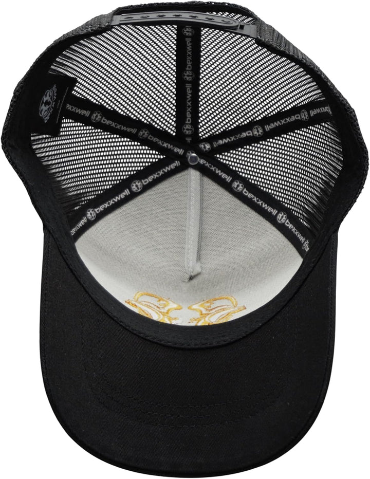 Bexxwell Trucker Cap schwarz/Gold mit 3D Logo-Stickerei (optimale Passform, Kappe, Black, Truckercap