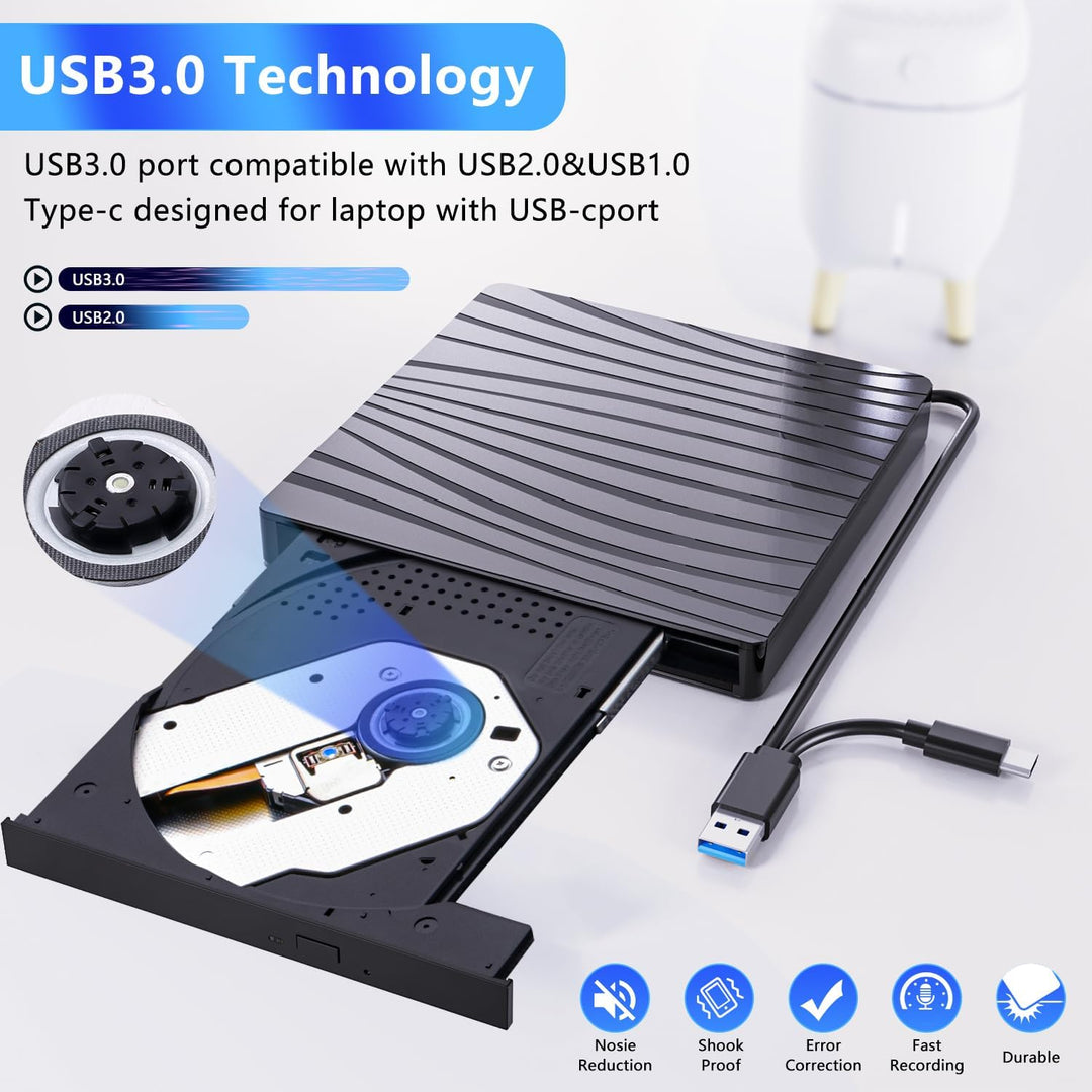 QDSYLQ Externes DVD Laufwerk, USB 3.0 & Type-C Tragbar CD DVD +/-RW Brenner Optical Drive DVD Laufwe