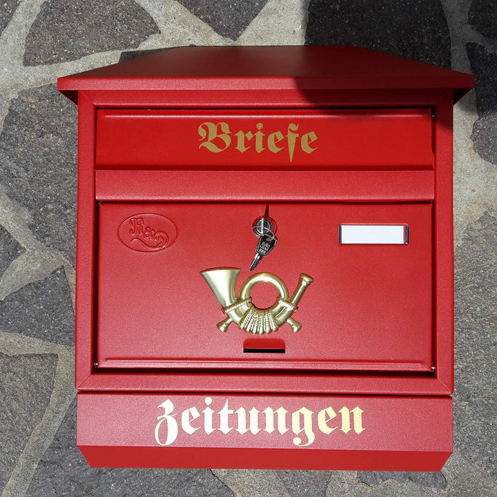 Grosser Briefkasten/Postkasten XXL Rot/Matt mit Zeitungsrolle Zeitungsfach Schrägdach Trapezdach