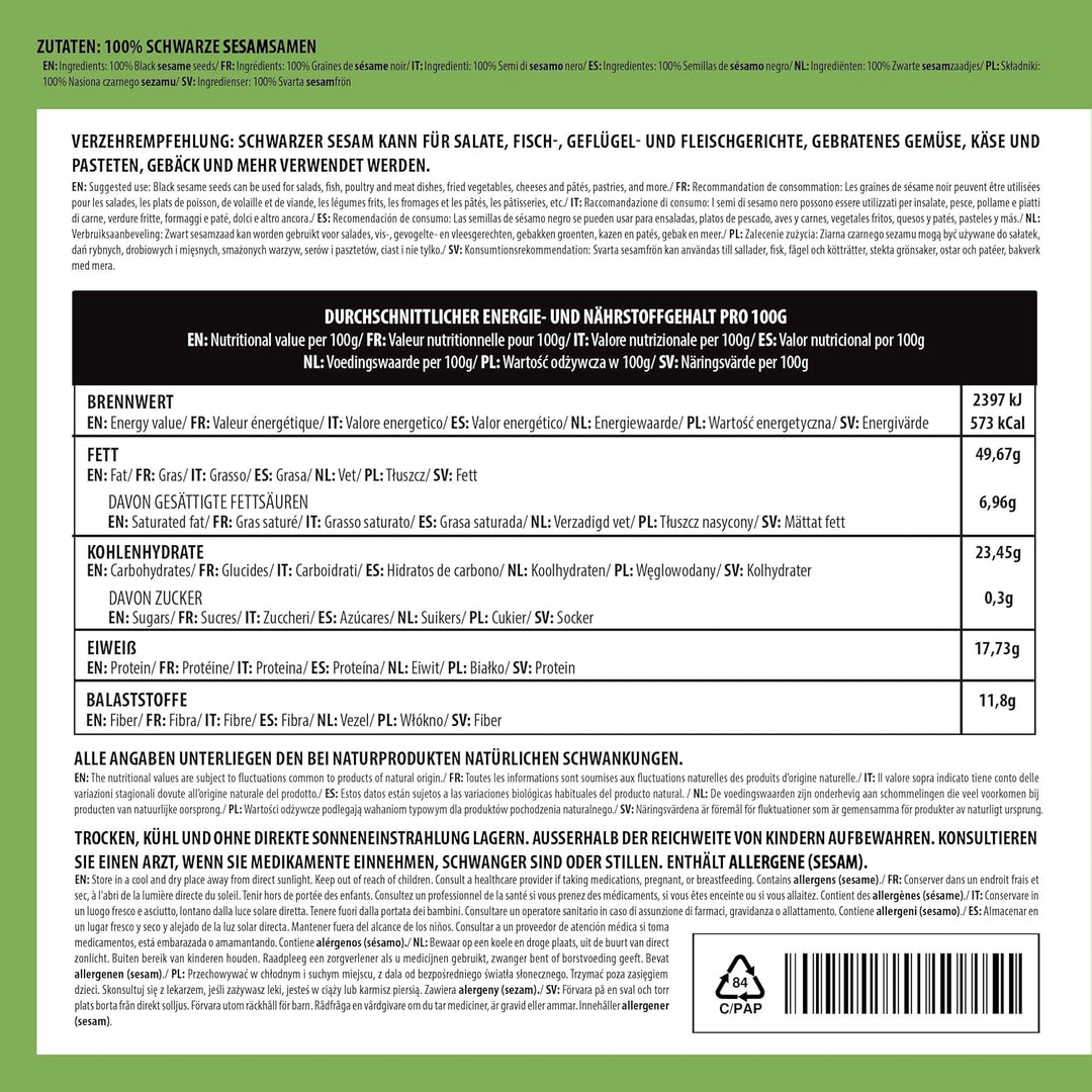 Sesam schwarz (1kg), Schwarzer Sesam 100% natürlich, Schwarze Sesamsamen ohne Zusätze Sesamsamen 1 K