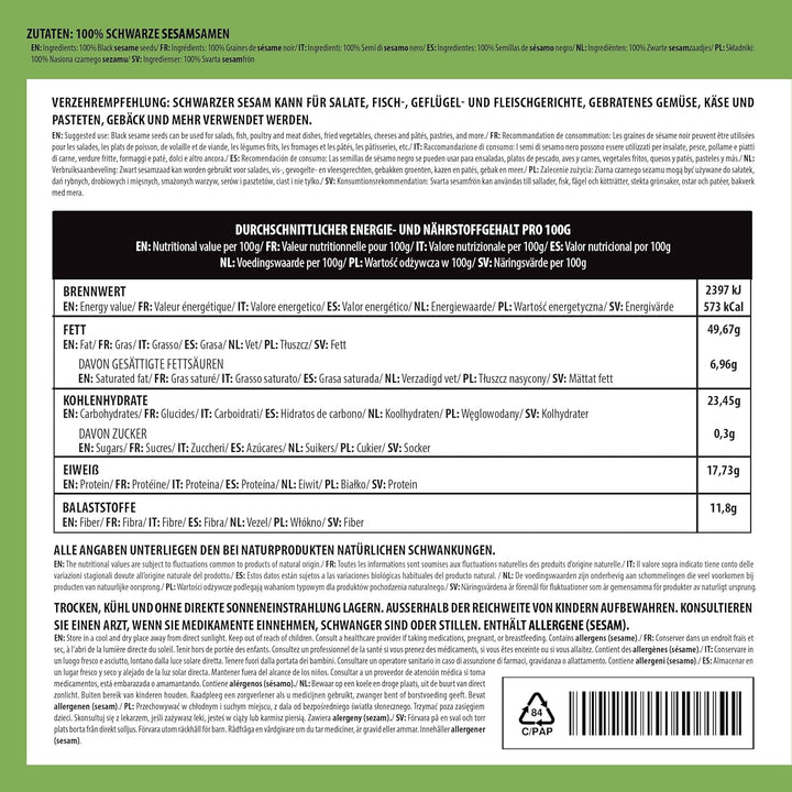Sesam schwarz (1kg), Schwarzer Sesam 100% natürlich, Schwarze Sesamsamen ohne Zusätze Sesamsamen 1 K
