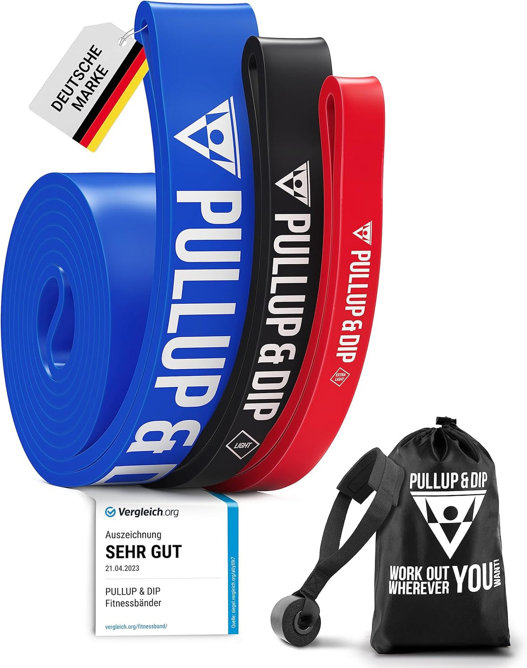 PULLUP & DIP Fitnessbänder Widerstandsbänder mit Tasche, Türanker (bei Sets) und Übungsguide - einze