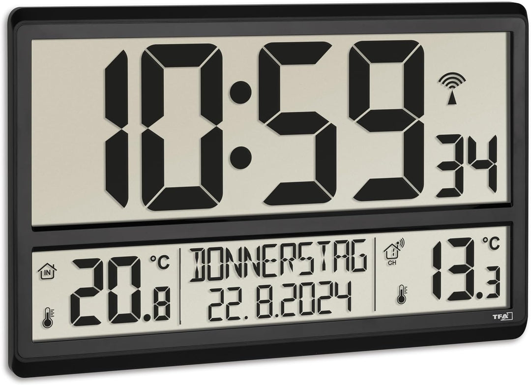TFA Dostmann Digitale XL Wanduhr, 60.4521.01, mit Aussentemperatur, Innentemperatur, Wochentag (8 Sp
