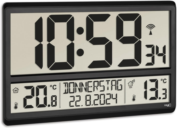 TFA Dostmann Digitale XL Wanduhr, 60.4521.01, mit Aussentemperatur, Innentemperatur, Wochentag (8 Sp