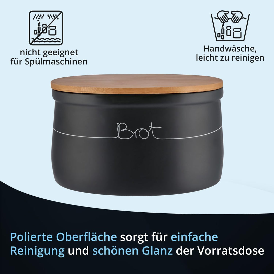 KHG Brotkasten gross Keramik Steingut Grau Anthrazit, Holz-Deckel Bambus als Schneidebrett, Brot Auf