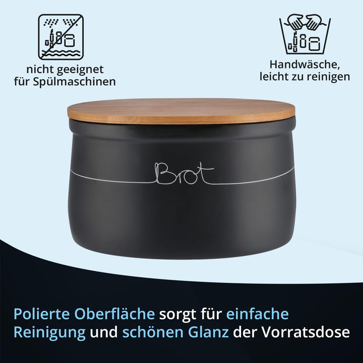 KHG Brotkasten gross Keramik Steingut Grau Anthrazit, Holz-Deckel Bambus als Schneidebrett, Brot Auf