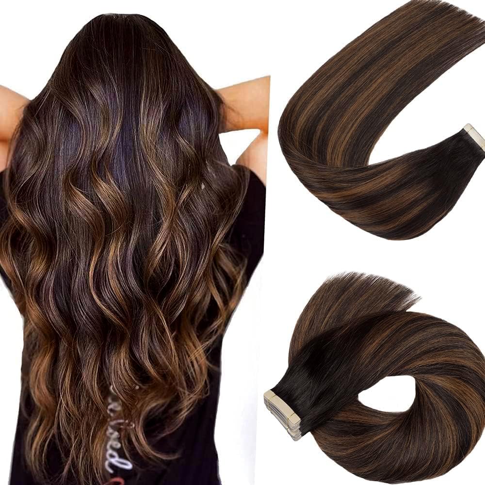 HotLulana Tape Extensions Echthaar Omber Off-Black Hellbraun Gemischt 20stück 40g 16zoll (40cm) 100%