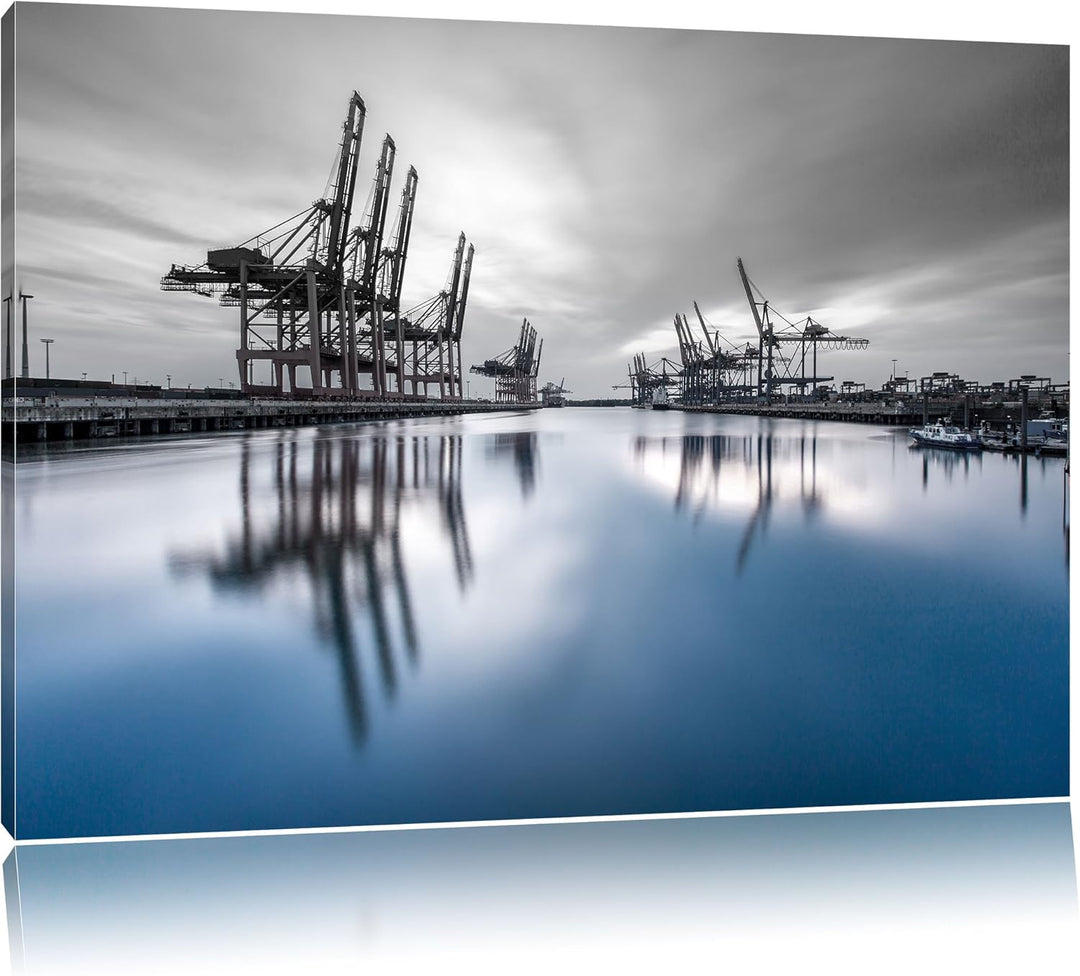 Pixxprint Hafen im Abendschein B&W Detail, Format: 100x70 auf Leinwand, 100x70