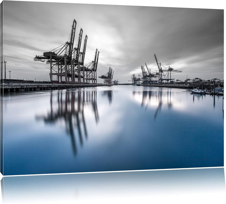 Pixxprint Hafen im Abendschein B&W Detail, Format: 100x70 auf Leinwand, 100x70