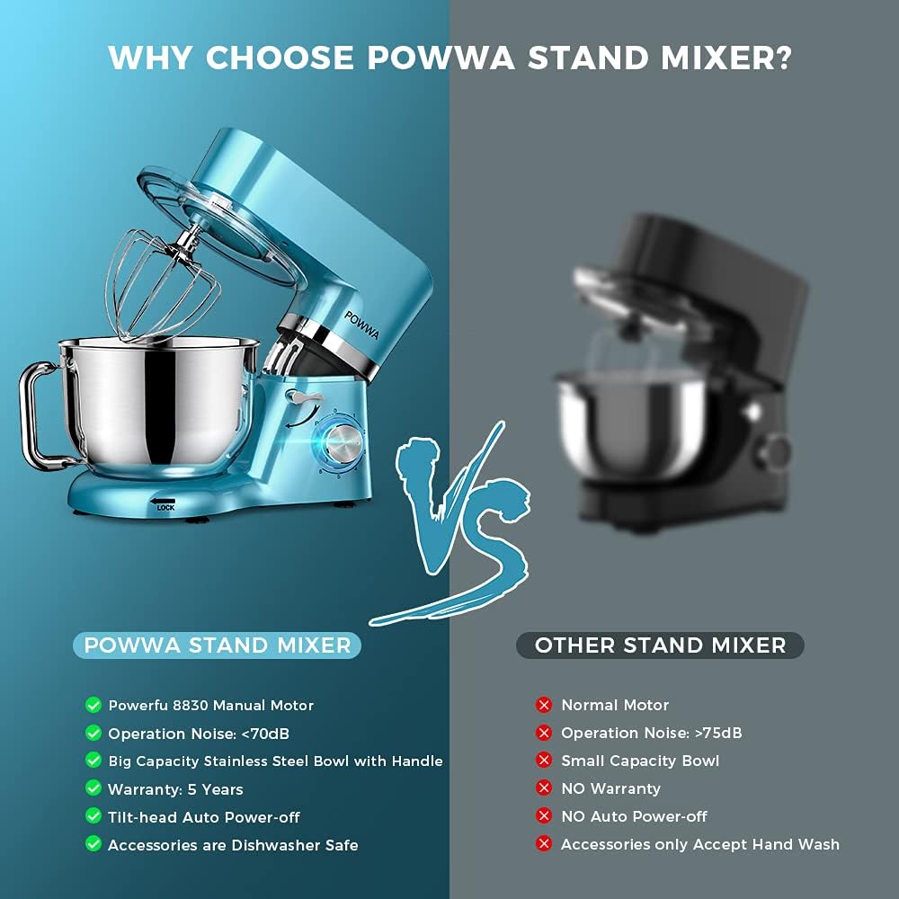 Küchenmaschine, POWWA 6,2 L Rührmaschine Knetmaschine, 6+1 Geschwindigkeit Teigmaschine,1500W Teigkn
