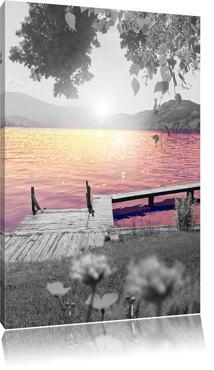 kleiner Steg am See bei Sonnenaufgang schwarz/weiss Format: 100x70 auf Leinwand, XXL riesige Bilder