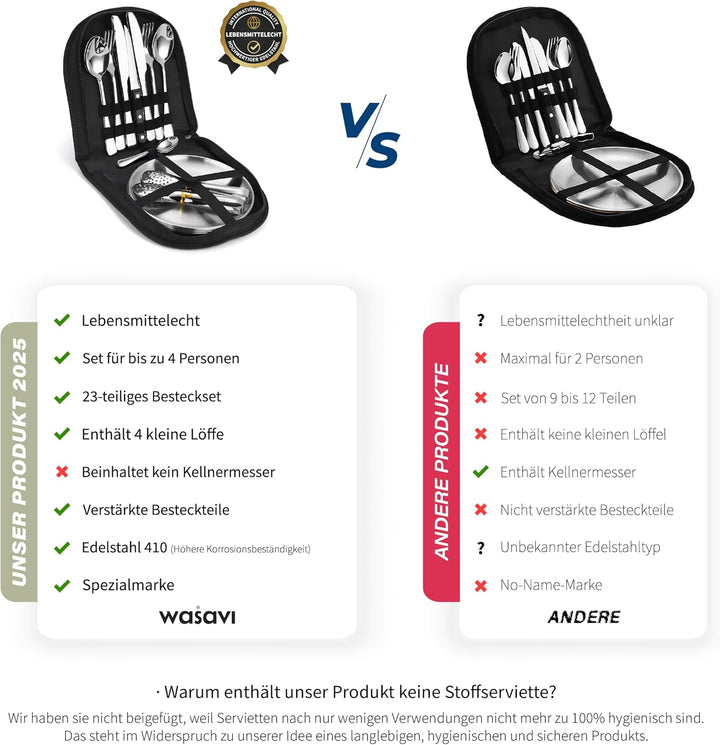 [23-teilig für 4 Personen] Camping Besteckset. Edelstahl-Gabeln, Messer und Löffel. Inklusive tragba
