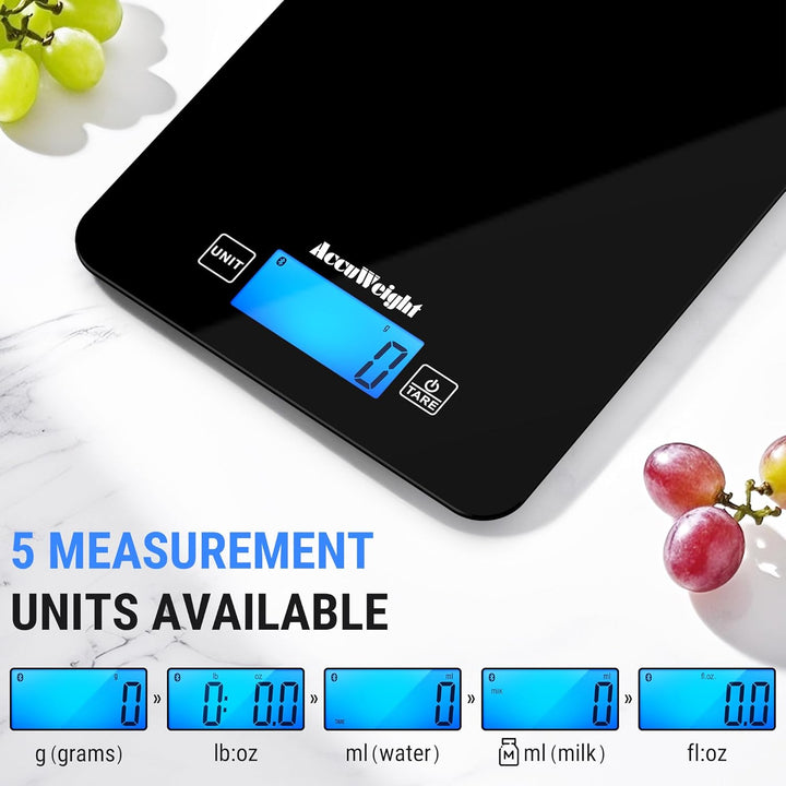ACCUWEIGHT Küchenwaage Bluetooth mit Nährwertrechner (mit 4 Batterien) Digitale Lebensmittelwaage bi