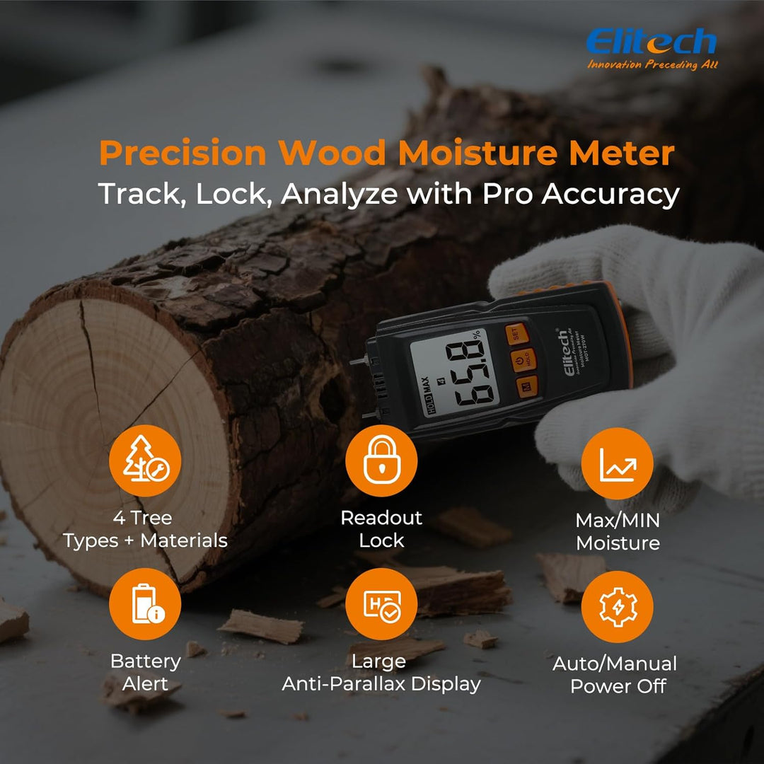 Elitech Holzfeuchtemessgerät Digital, 4 Holzarten, ±2% Genauigkeit, 9,8 mm Sonden, Feuchtigkeitsmess