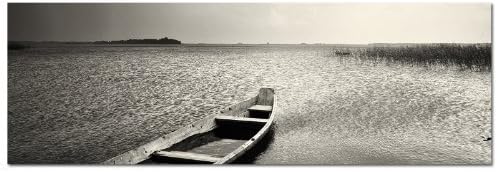 Paul Sinus Art Panorama Bild 150x50cm (Wasser Boot Ruhe schwarz weiss) Exklusives Fotowandbild auf L