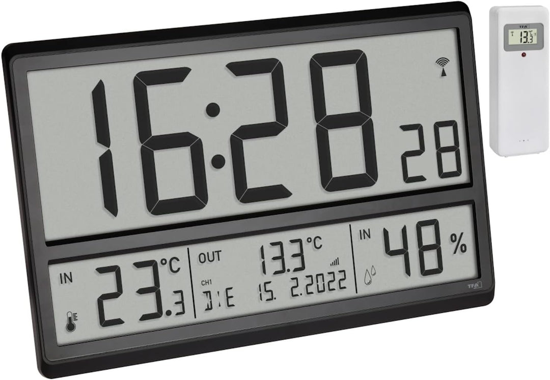 TFA Dostmann Digitale XL Wanduhr, 60.4523.01, mit Aussentemperatur und Raumklima, Funkuhr, 24h Anzei