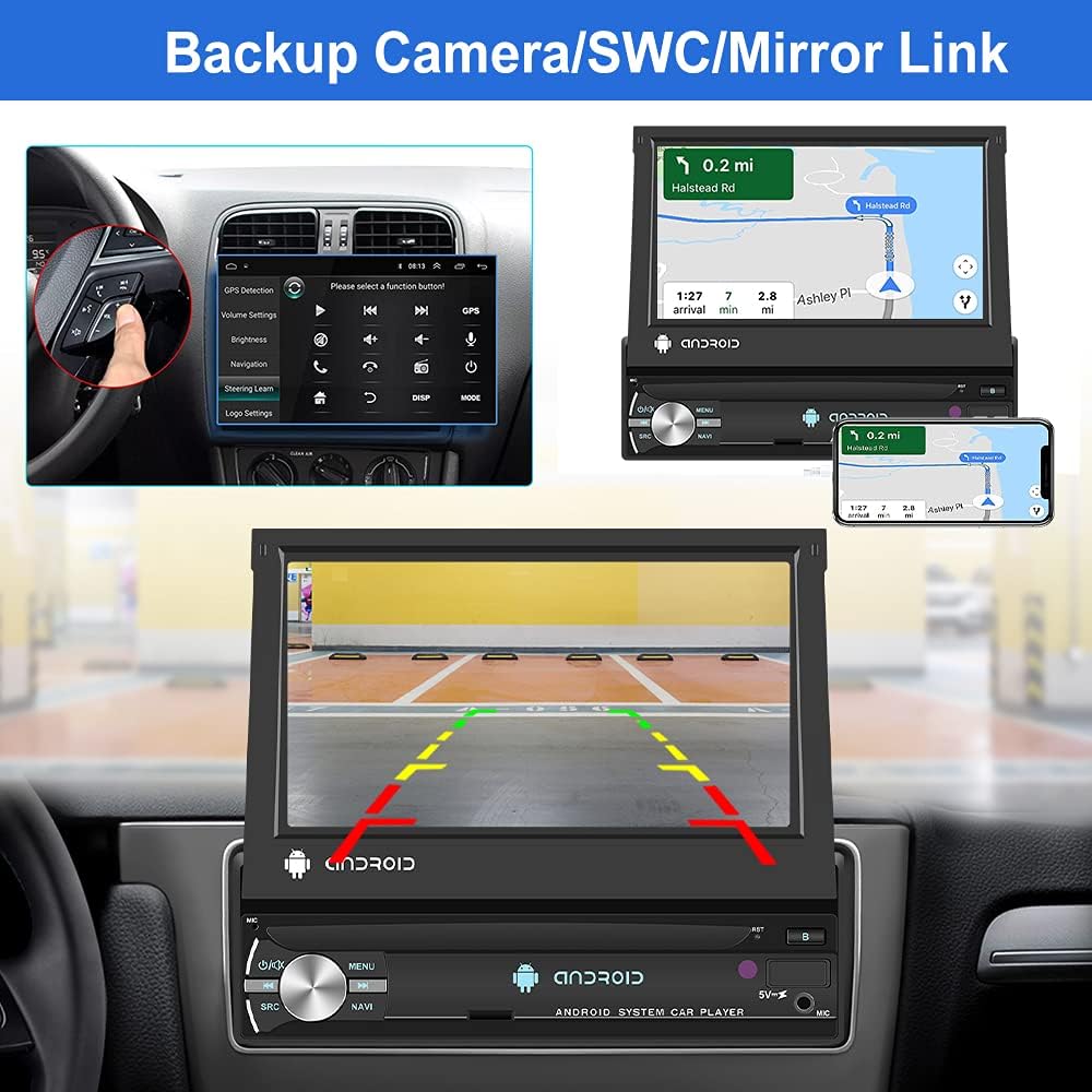 Podofo Autoradio 1 Din mit GPS Navi, Bluetooth RDS, 7 Zoll Bildschirm Ausfahrbarem Manuelle Android