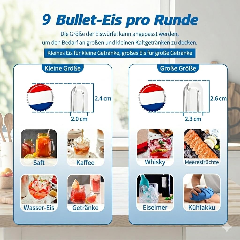 Eismaschine Arbeitsplatte, 11,79 kg in 24 Stunden, 9 Eiswürfel bereit in 6 Minuten mit 2 Grössen Kug