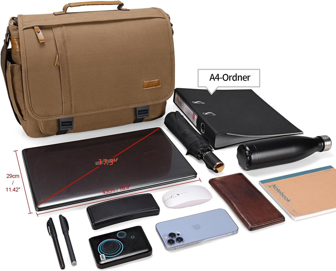 ESTARER Laptoptasche 17 Zoll Umhängetasche Canvas für Arbeit Uni, Braun Braun 17.3 Zoll (Schnallen),