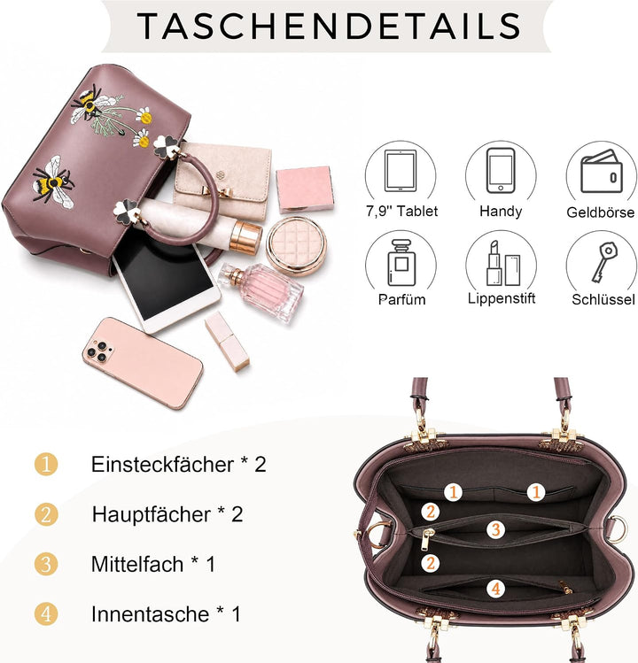 VARLIVOO Elegant Damen Handtasche Stickerei Schultertasche Umhängetasche Shopper Crossbody Bag für A