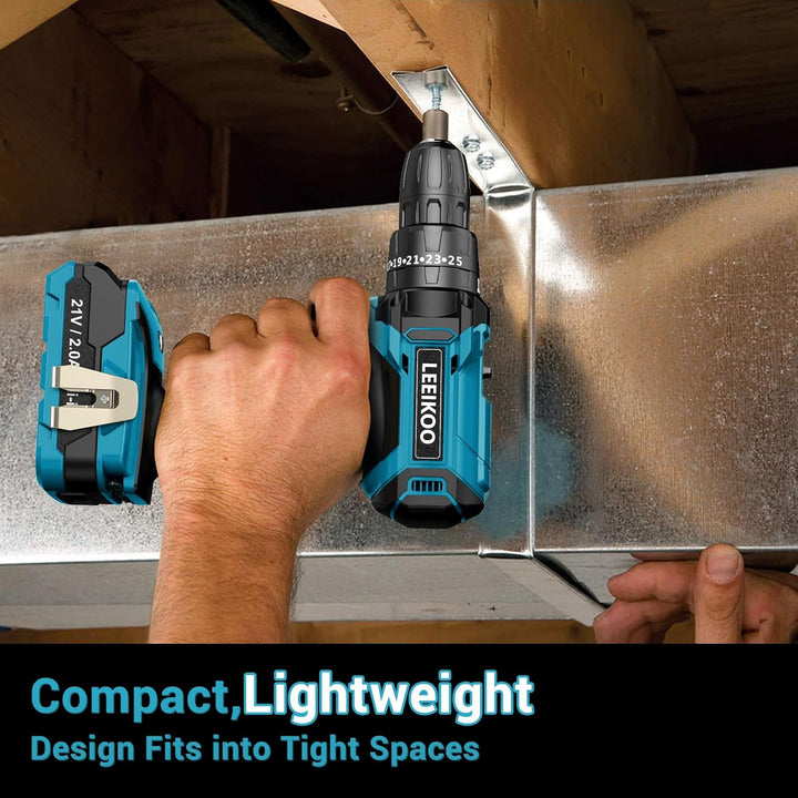 Akkuschrauber 21V, LEEIKOO Akku Bohrschrauber 42N.m, Akku Bohrmaschine, 25+3 Drehmomentstufen, 10mm