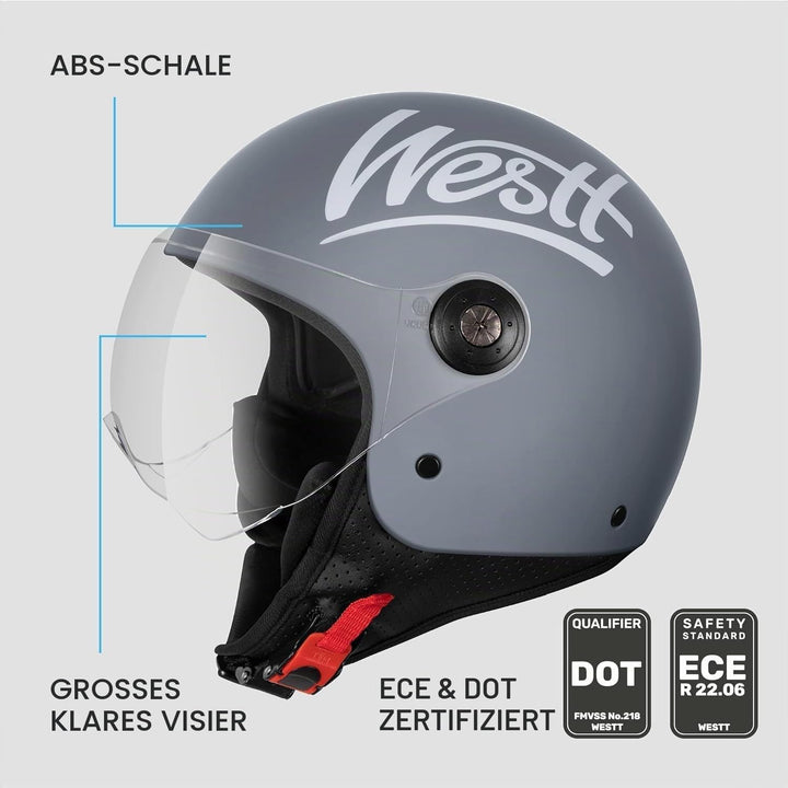Westt Jethelm mit Visier ECE 22.06 – Leichter Motorradhelm für Damen und Herren – Roller Helm Mopedh