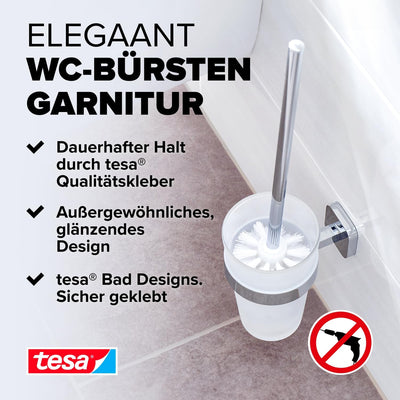 tesa ELEGAANT Toilettenbürsten-Set, verchromt, mit satiniertem Glas - zur Wandbefestigung ohne Bohre