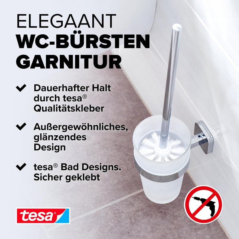 tesa ELEGAANT Toilettenbürsten-Set, verchromt, mit satiniertem Glas - zur Wandbefestigung ohne Bohre