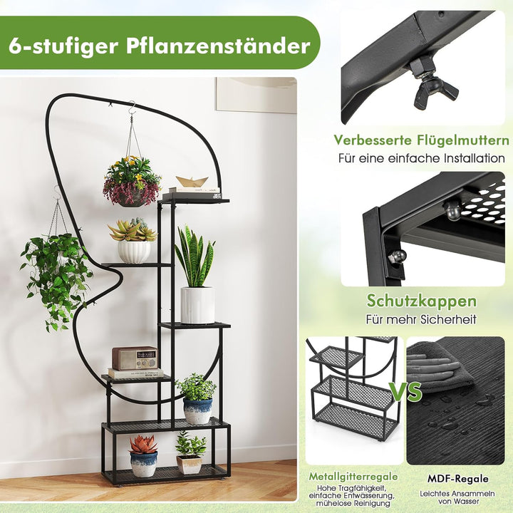 COSTWAY 6-stufiger Metall Pflanzenständer, schmetterlingsförmig, Blumenregal mit 4 Haken, Pflanzenre
