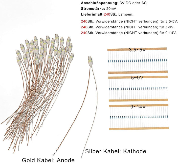 Evemodel 240Stk. Vorgelötet Micro Wasserdicht SMD Led Gemischte Farbe Bauform 0603 20cm