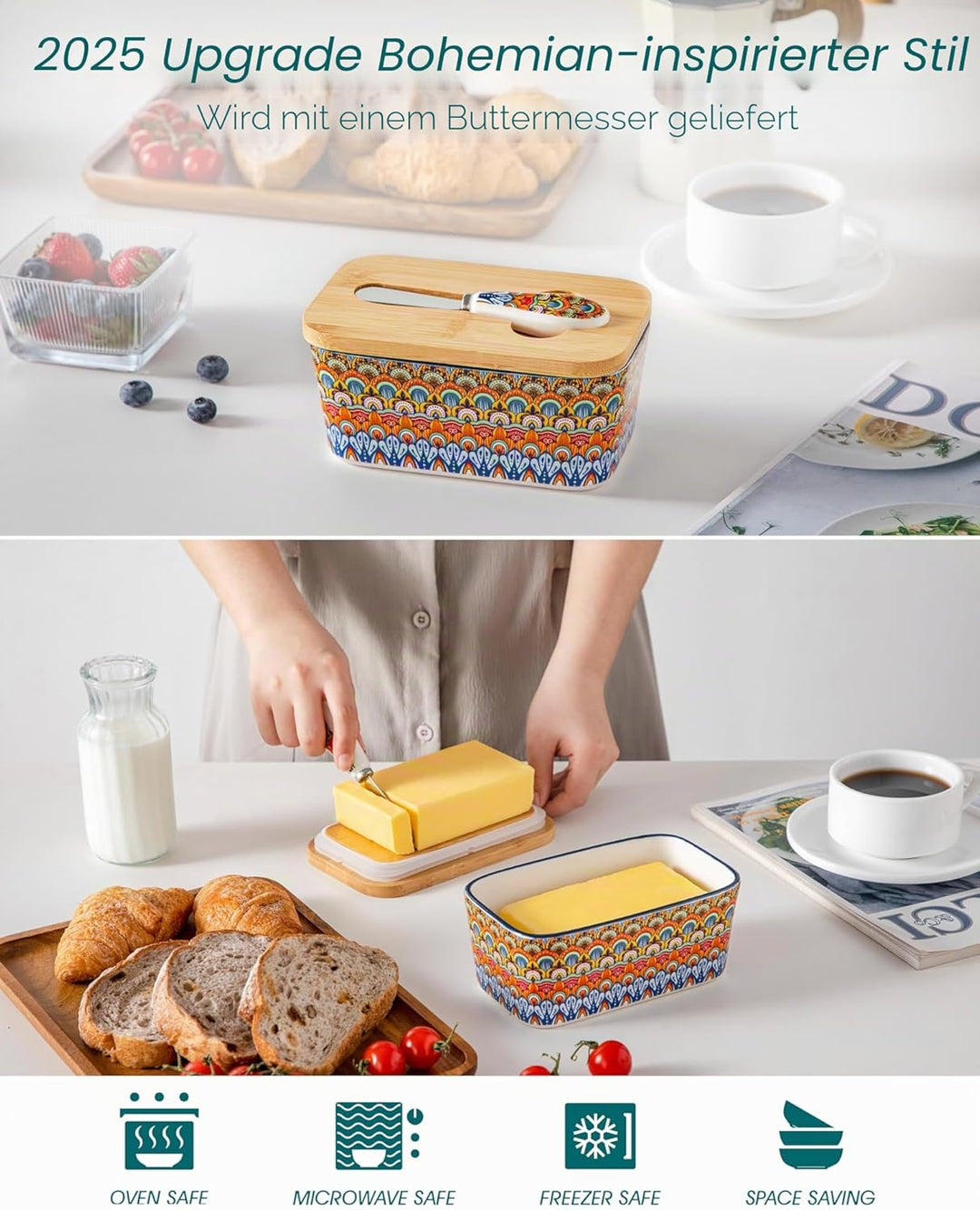Butterdose Keramik, vancasso SIMI Hochwertige Butterglocke mit Messer und Holzdeckel, Butterdose Por