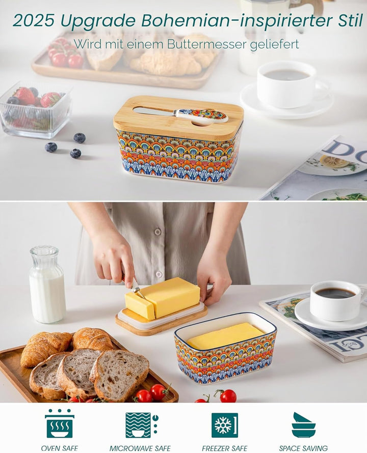 Butterdose Keramik, vancasso SIMI Hochwertige Butterglocke mit Messer und Holzdeckel, Butterdose Por