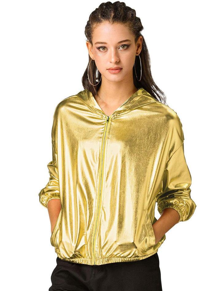 Allegra K Damen Bluson Langarm Metallic Jacke Holographic Party Reissverschluss Kapuzenjacke XL Gold