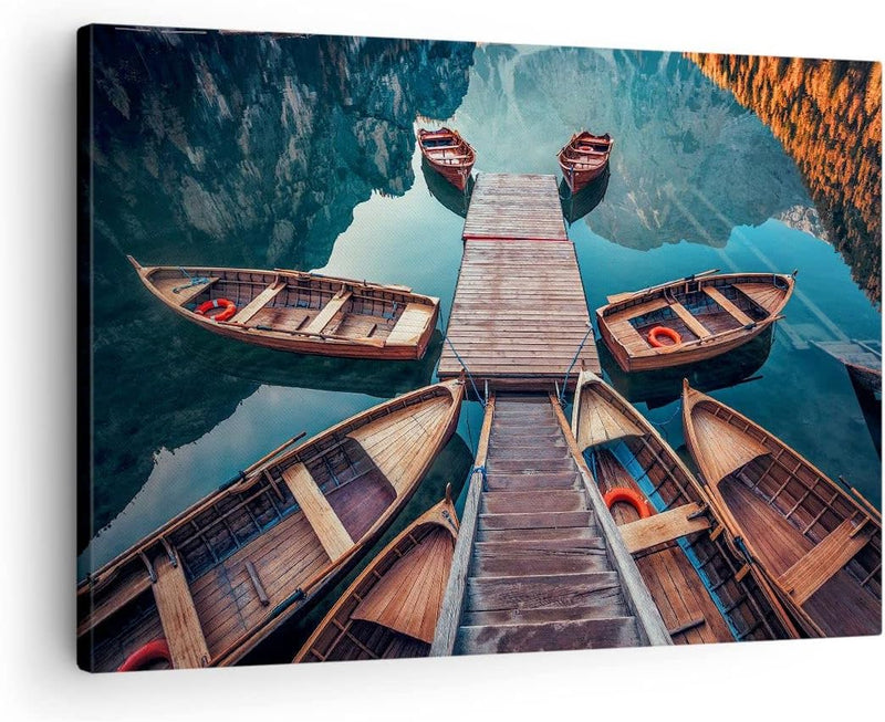 Bilder auf Leinwand Berge Boot Wasser Leinwandbild mit Rahmen 70x50cm Wandbilder Dekoration Wohnzimm