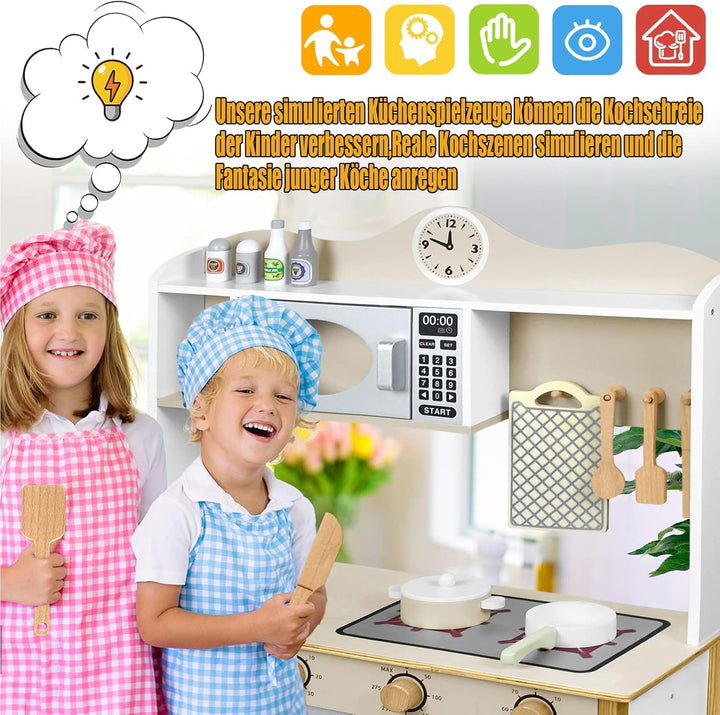 YRHome Kinderküche Holzküche Spielküche 68x26x78cm für Kinder Küchenzeile Zubehör Spielset mit 2 Koc
