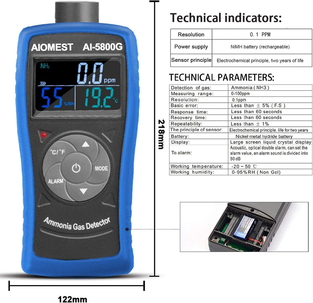 AIOMEST Gasmelder, AI-5800G Ammoniak-Gas-Detektor, 0~100PPM NH3 Iuftqualität Messgerät für Gasmelder