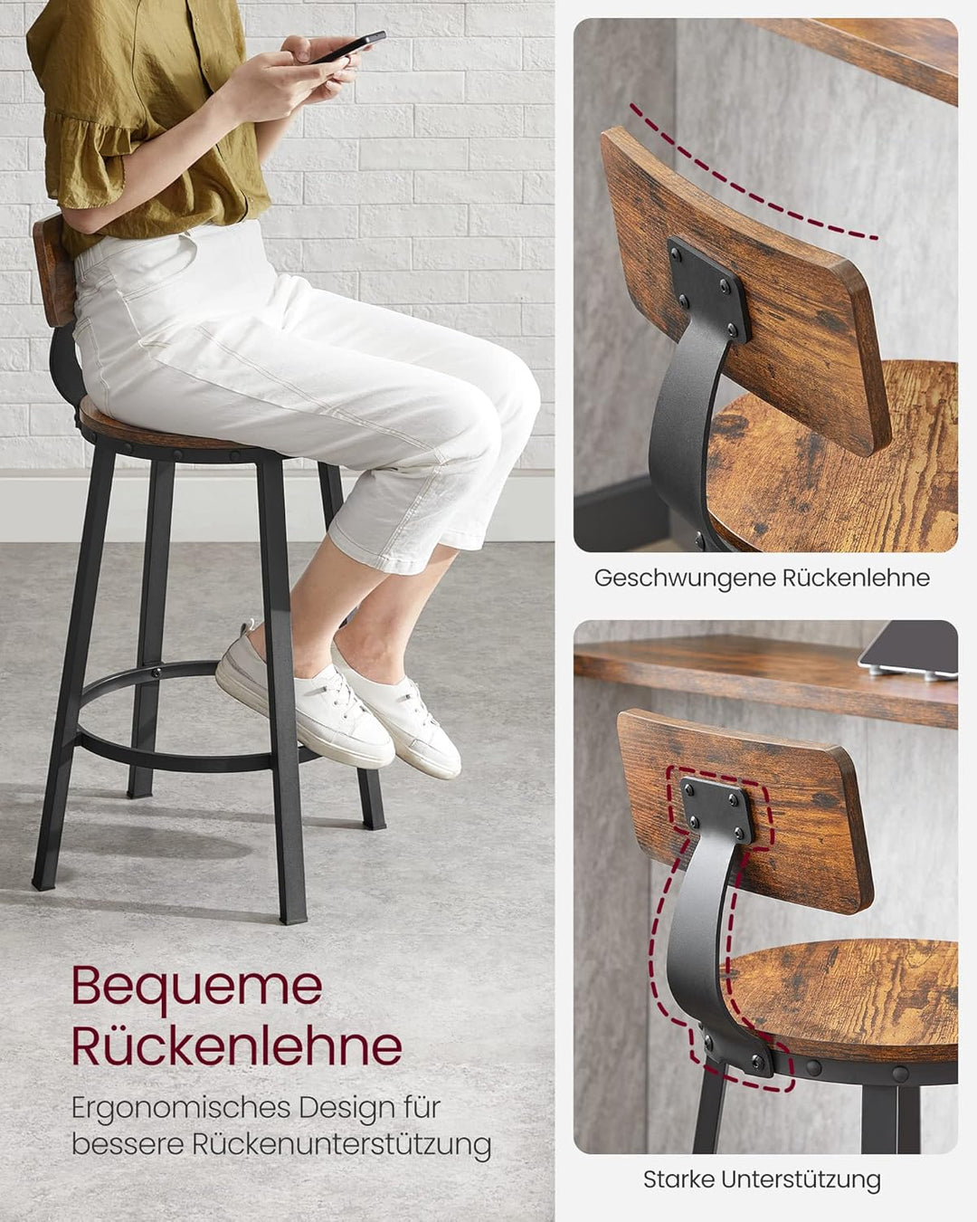 VASAGLE Barhocker, 2er Set, Barstühle, Küchenstühle mit Metallgestell, Sitzhöhe 62,5 cm, einfache Mo