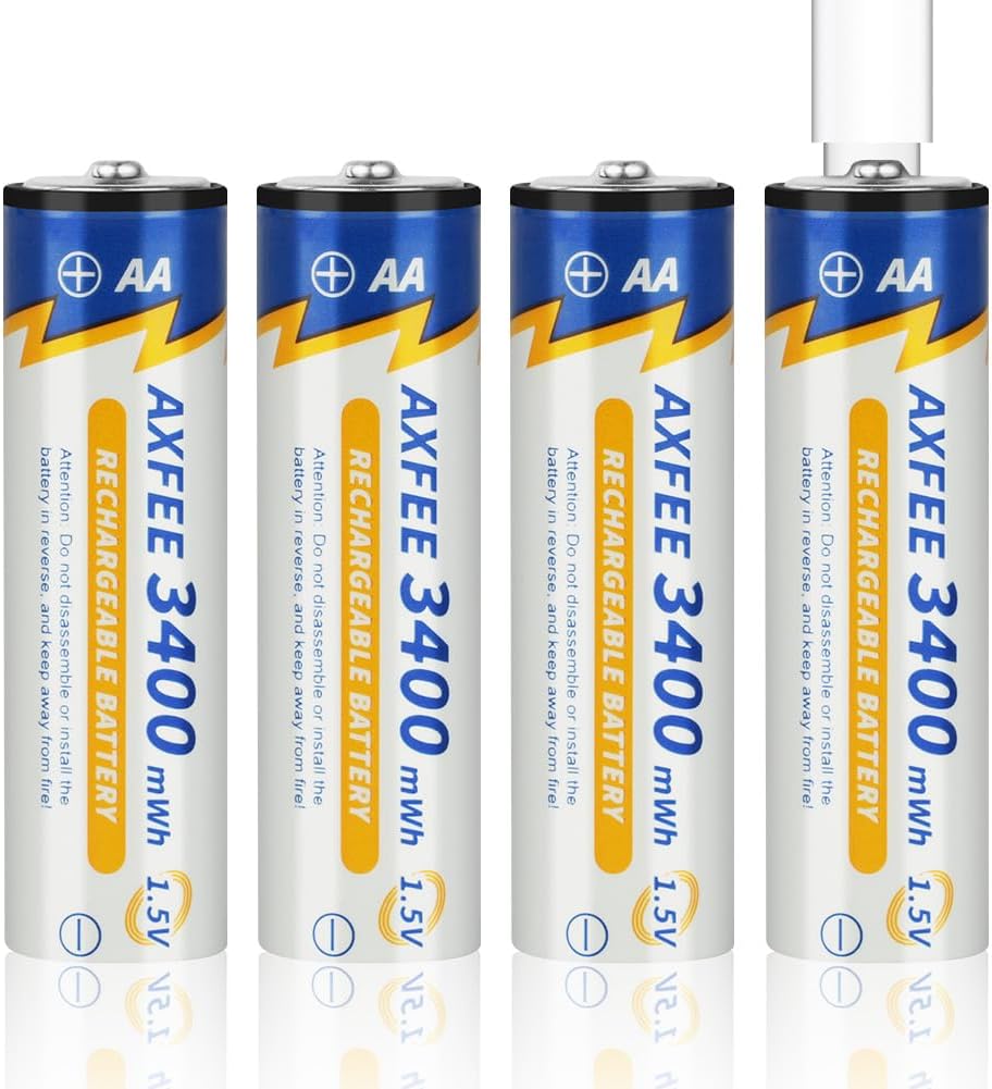 AXFEE Wiederaufladbare Lithium AA Akku, 4 Stück 1.5V 3400mWh USB-C AA Akkus Lithium mit 2-in-1 Ladek