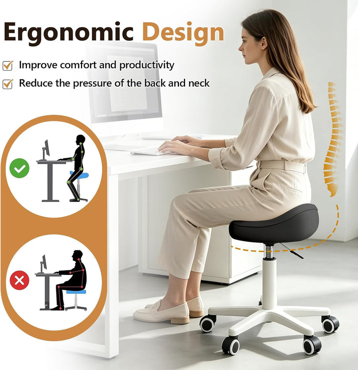 Bürohocker mit Polstersitz, ergonomisch, Rollhocker mit Rollen – für Friseure, Büro &amp; Zuhause Schwar
