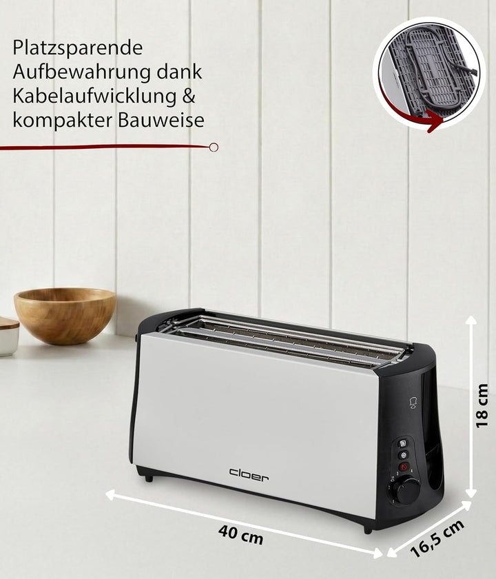 Cloer 3710 Langschlitztoaster für 4 Toastscheiben / 1380 W / integrierter Brötchenaufsatz / Nachhebe