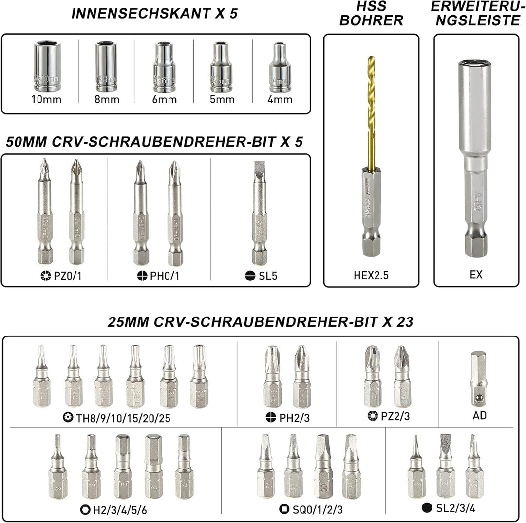 HYCHIKA Akkuschrauber, 6N·m Drehmoment 2000mAh 3,6V Akku mit 35 Zubehörteilen, LED-Licht und Taschen