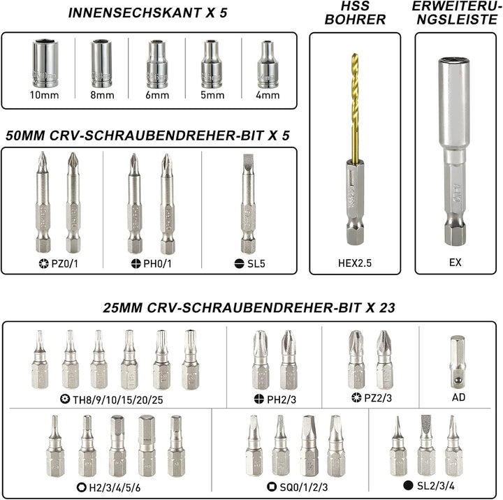 HYCHIKA Akkuschrauber, 6N·m Drehmoment 2000mAh 3,6V Akku mit 35 Zubehörteilen, LED-Licht und Taschen