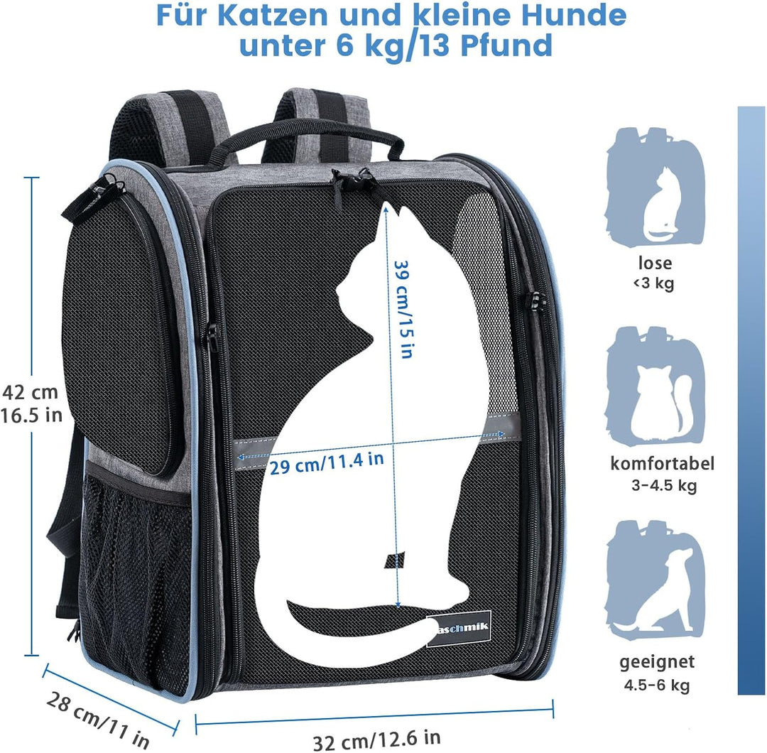 Taschmik Katzenrucksack Hunderucksack für Katzen Hunde bis 6kg, Katzen Rucksack erweiterbar Hunde Ru