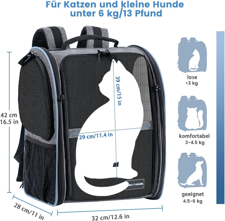 Taschmik Katzenrucksack Hunderucksack für Katzen Hunde bis 6kg, Katzen Rucksack erweiterbar Hunde Ru