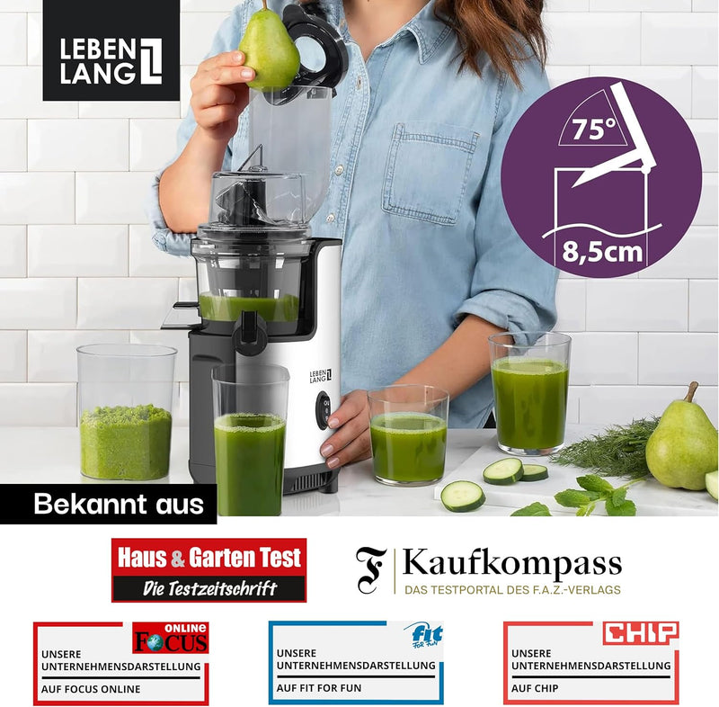 LEBENLANG Entsafter Slow Juicer Edelstahl - Gemüse und Obst & BPA-Frei l Selleriesaft Saft Karotten