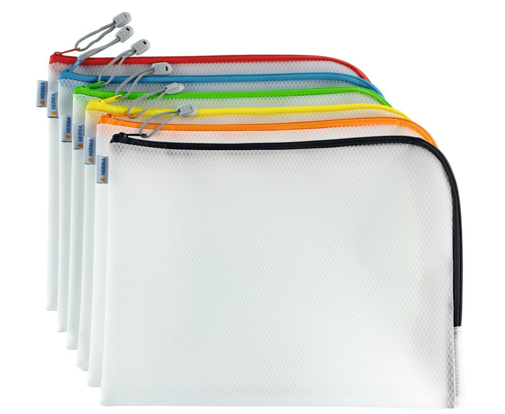 HERMA 20013 Dokumententasche A4 mit Reissverschluss transparent bunt, 10 Stück, grosse verschliessba