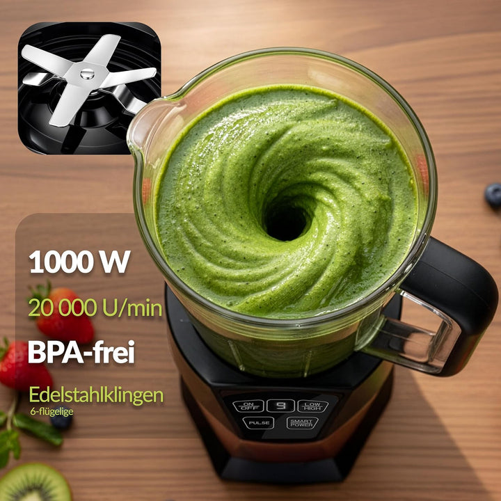 LEHMANN Standmixer & Smoothie Maker 2-in-1, Mixbehälter 1500 ml und To-Go-Trinkflasche 800 ml, 4 Ges