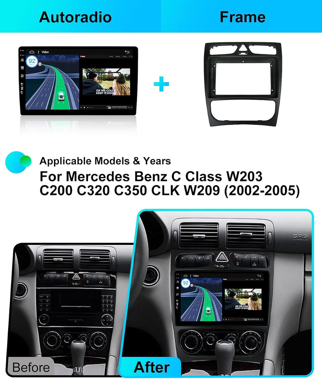 Android 15 Autoradio Passt für Benz C/CLK Class C-Class W203 (2000-2004) - Kabellos Carplay/Android