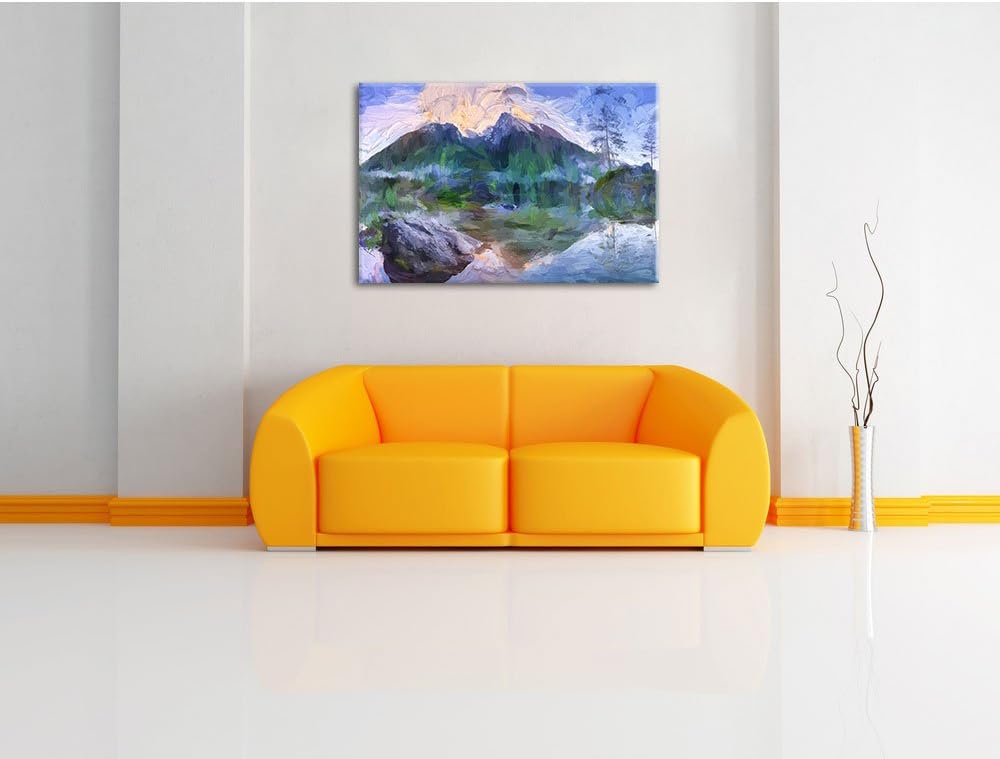 Pixxprint Sonnenaufgang am Hintersee Kunst Pinsel Effekt, Format: 100x70 auf Leinwand, XXL riesige B