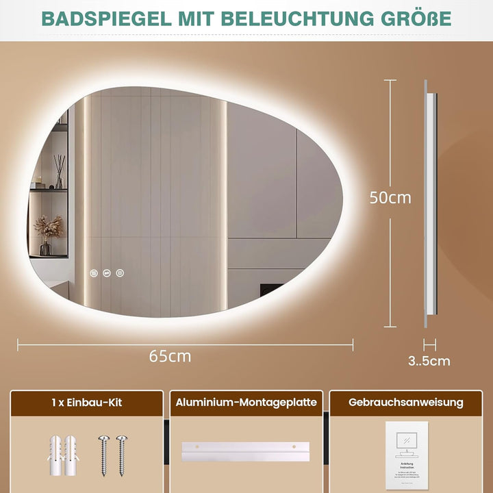 Asymmetrischer Spiegel mit LED-Beleuchtung, 65x50cm, ohne Rahmen, mit Touch-Schalter, Antibeschlag,